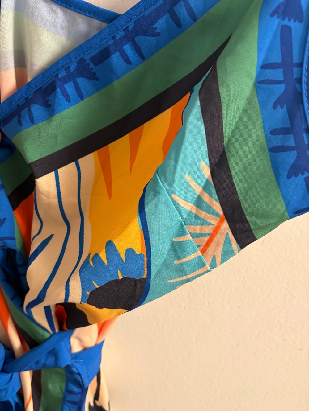 SHEIN Blue, Orange, Green & Yellow Abstract Wrap Mini Dress - Picture 9 of 11